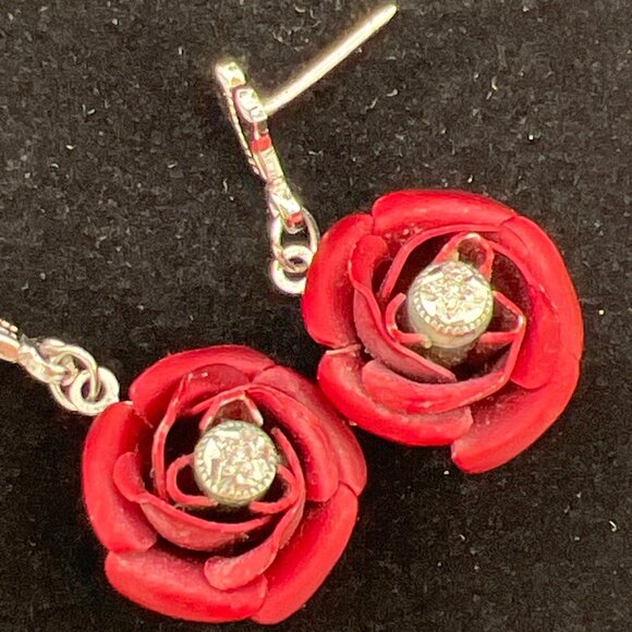 Handcrafted Red Rose Drop Earrings With Silver Accents & Clip-On Backs - Picture 7 of 7